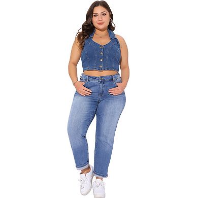 Plus Size Denim Vest for Women V Neck Button Down Sleeveless Casual Jean Jacket