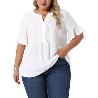 Plus Size Top for Women V Neck Ruffle Short Sleeve Casual Chiffon Blouse Shirt