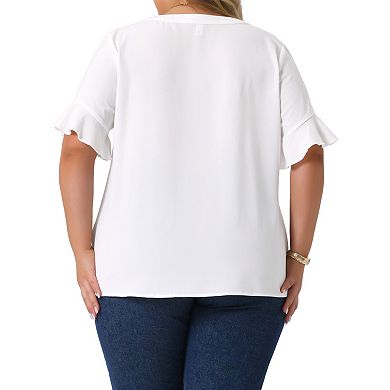 Plus Size Top for Women V Neck Ruffle Short Sleeve Casual Chiffon Blouse Shirt