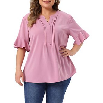 Plus Size Top for Women V Neck Ruffle Short Sleeve Casual Chiffon Blouse Shirt