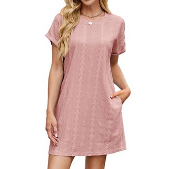 Womens Casual Short Sleeve Crewneck Loose Trendy T Shirt Mini Dresses with Pocket
