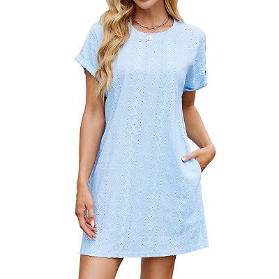 Womens Casual Short Sleeve Crewneck Loose Trendy T Shirt Mini Dresses with  Pocket