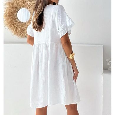 Women's Round Neck Short Sleeved Loose Pleated Solid Color Dress