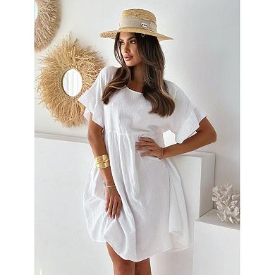 Women's Round Neck Short Sleeved Loose Pleated Solid Color Dress