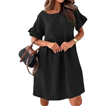 Women's Round Neck Short Sleeved Loose Pleated Solid Color Dress