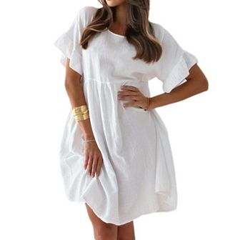 Women's Round Neck Short Sleeved Loose Pleated Solid Color Dress