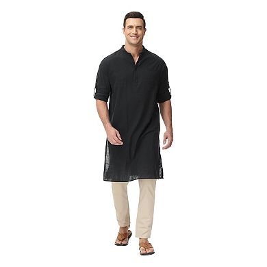 Men's Kaftan Robe Long Sleeve Henley Thobe Casual Side Split Gown Long Tunic Shirt with Pockets