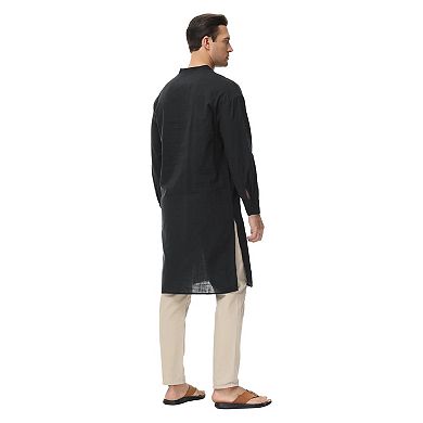 Men's Kaftan Robe Long Sleeve Henley Thobe Casual Side Split Gown Long Tunic Shirt with Pockets