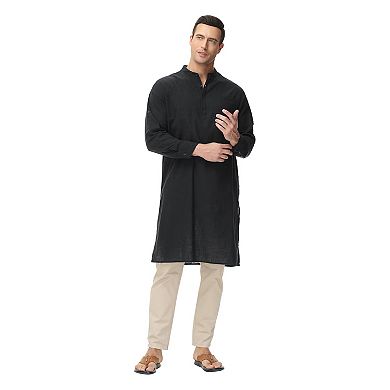 Men's Kaftan Robe Long Sleeve Henley Thobe Casual Side Split Gown Long Tunic Shirt with Pockets