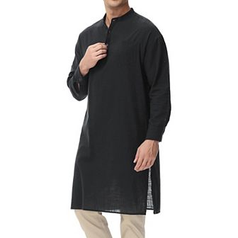 Men's Kaftan Robe Long Sleeve Henley Thobe Casual Side Split Gown Long Tunic Shirt with Pockets