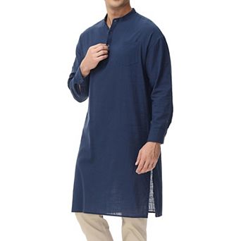 Men's Kaftan Robe Long Sleeve Henley Thobe Casual Side Split Gown Long Tunic Shirt with Pockets