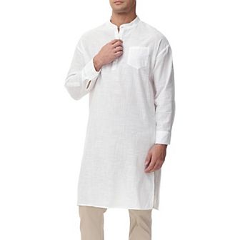 Men's Kaftan Robe Long Sleeve Henley Thobe Casual Side Split Gown Long Tunic Shirt with Pockets