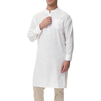 Men's Kaftan Robe Long Sleeve Henley Thobe Casual Side Split Gown Long Tunic Shirt with Pockets