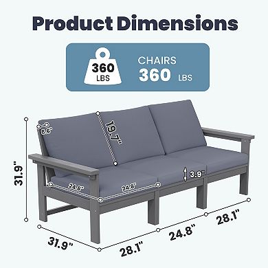 Outdoor Patio HDPE 3-Seat Sofa, 3 Removable Cushions Included