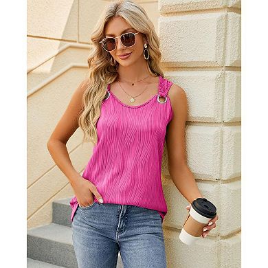 Women's Casual Round Neck Vest Sleeveless Loose Version of Metal Ring Buckle Shoulder Belt Top