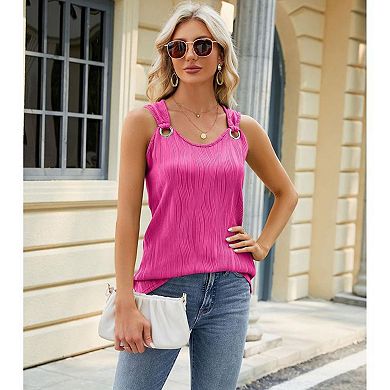 Women's Casual Round Neck Vest Sleeveless Loose Version of Metal Ring Buckle Shoulder Belt Top