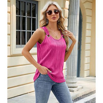 Women's Casual Round Neck Vest Sleeveless Loose Version of Metal Ring Buckle Shoulder Belt Top