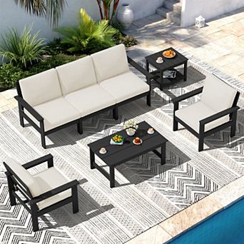 Outdoor Patio HDPE Sectional Sofa and Table Set, Removable Cushions Included