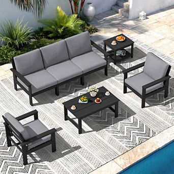 Outdoor Patio HDPE Sectional Sofa and Table Set, Removable Cushions Included
