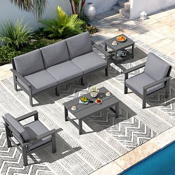 Outdoor Patio HDPE Sectional Sofa and Table Set, Removable Cushions Included