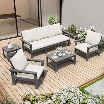Outdoor Patio HDPE Sectional Sofa and Table Set, Removable Cushions Included