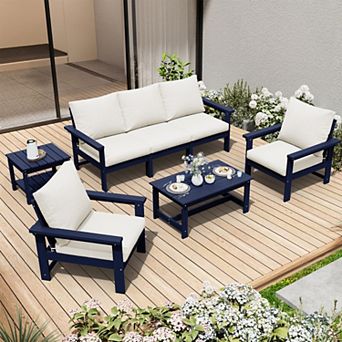 Outdoor Patio HDPE Sectional Sofa and Table Set, Removable Cushions Included