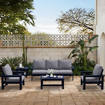 Outdoor Patio HDPE Sectional Sofa and Table Set, Removable Cushions Included