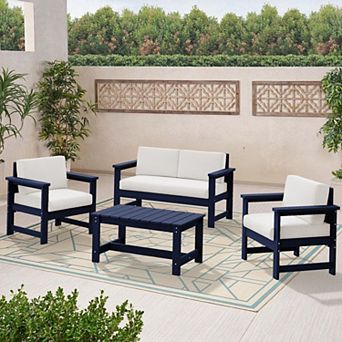 Outdoor Patio HDPE Sectional Sofa & Table Set, Removable Cushions Included