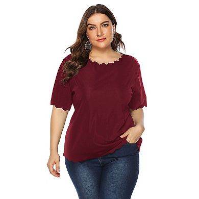 Plus Size Women's Wave Edge Solid Colour Simple And Versatile T-shirt Casual Short Sleeve Tops