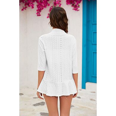 Women Solid Color Cardigan Ladies 3/4 Sleeve Summer Chiffon Trendy Open Front Top