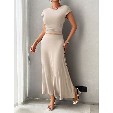 Womens 2 Piece Casual Knit Short Sleeve Crop Top A Line Flowy Maxi Skirt Sets Vacation Outfit