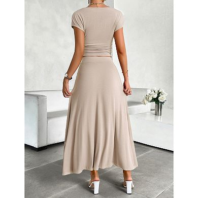 Womens 2 Piece Casual Knit Short Sleeve Crop Top A Line Flowy Maxi Skirt Sets Vacation Outfit
