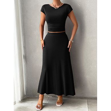 Womens 2 Piece Casual Knit Short Sleeve Crop Top A Line Flowy Maxi Skirt Sets Vacation Outfit