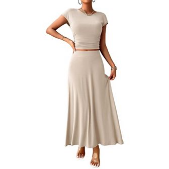 Womens 2 pc Casual Knit Short Sleeve Crop Top A Line Flowy Maxi Skirt Sets Vacation Outfit