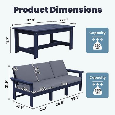 Outdoor Patio HDPE 3-Seat Sofa and Coffee Table Set, Removable Cushions Included