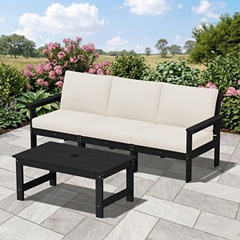 Outdoor Patio HDPE 3-Seat Sofa and Coffee Table Set, Removable Cushions Included