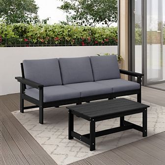 Outdoor Patio HDPE 3-Seat Sofa and Coffee Table Set, Removable Cushions Included