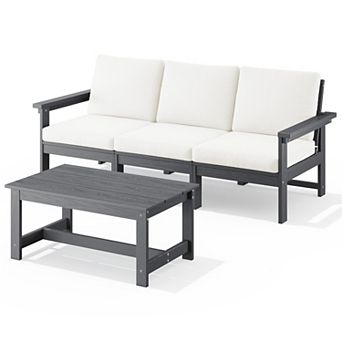 Outdoor Patio HDPE 3-Seat Sofa and Coffee Table Set, Removable Cushions Included