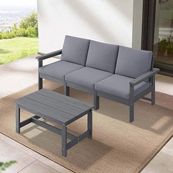 Outdoor Patio HDPE 3-Seat Sofa and Coffee Table Set, Removable Cushions Included