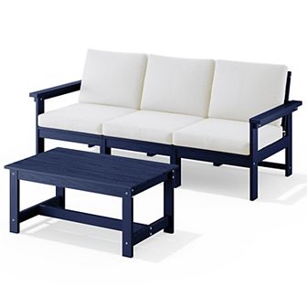 Outdoor Patio HDPE 3-Seat Sofa and Coffee Table Set, Removable Cushions Included