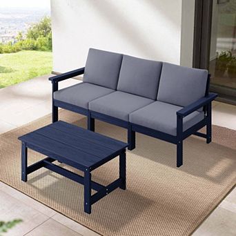 Outdoor Patio HDPE 3-Seat Sofa and Coffee Table Set, Removable Cushions Included
