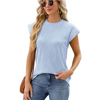 Womens Summer Tops Textured Crewneck Short Sleeve Loose Trendy Basic Tee Business Shirt Blouses