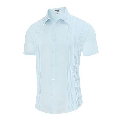 Men's Cotton Linen Shirts Short Sleeve Beach Button Down Shirt Button Up Pleats Guayabera Shirts