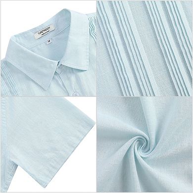 Men's Cotton Linen Shirts Short Sleeve Beach Button Down Shirt Button Up Pleats Guayabera Shirts