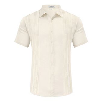 Men's Cotton Linen Shirts Short Sleeve Beach Button Down Shirt Button Up Pleats Guayabera Shirts