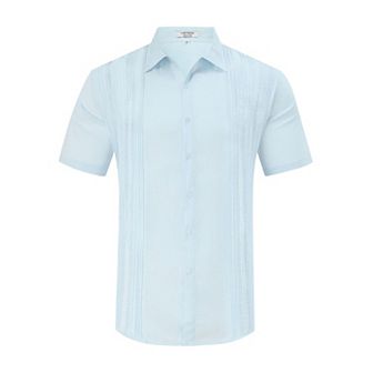 Men's Cotton Linen Shirts Short Sleeve Beach Button Down Shirt Button Up Pleats Guayabera Shirts