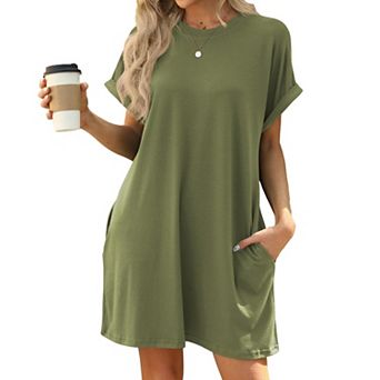 Womens Summer Casual Short Sleeve Crewneck Mini Dresses with Pocket Swing T Shirt Dress