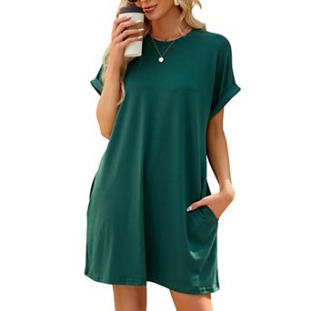 Womens Summer Casual Short Sleeve Crewneck Mini Dresses with Pocket Swing T Shirt Dress