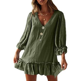 Women's V Neck Long Sleeve Babydoll Dress Ruffle Hem Flowy Loose Fit Swing Tunic Mini Dress