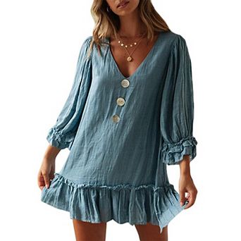Women's V Neck Long Sleeve Babydoll Dress Ruffle Hem Flowy Loose Fit Swing Tunic Mini Dress